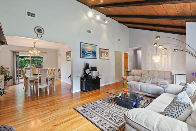 living area with light wood-type flooring, high vaulted ceiling, wooden ceiling, beamed ceiling, and an inviting chandelier