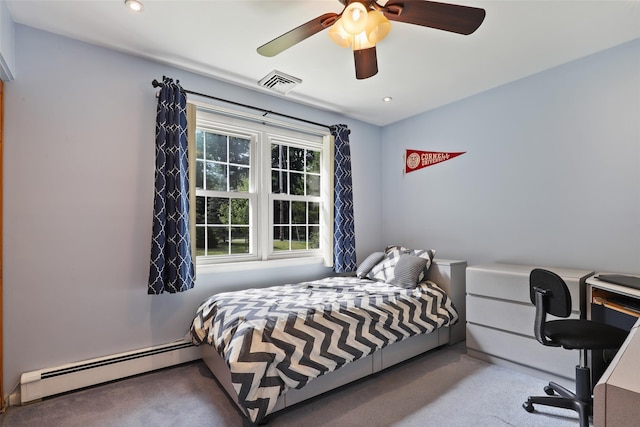 bedroom with visible vents, a ceiling fan, carpet floors, and baseboard heating