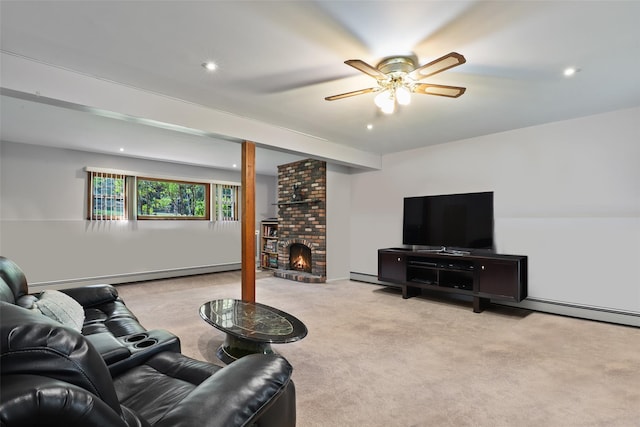 living room with carpet flooring, ceiling fan, baseboard heating, a fireplace, and recessed lighting