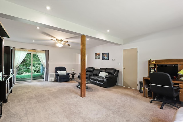 living room featuring light colored carpet, recessed lighting, and ceiling fan