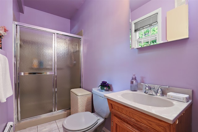 full bathroom featuring vanity, toilet, tile patterned floors, a baseboard radiator, and a stall shower
