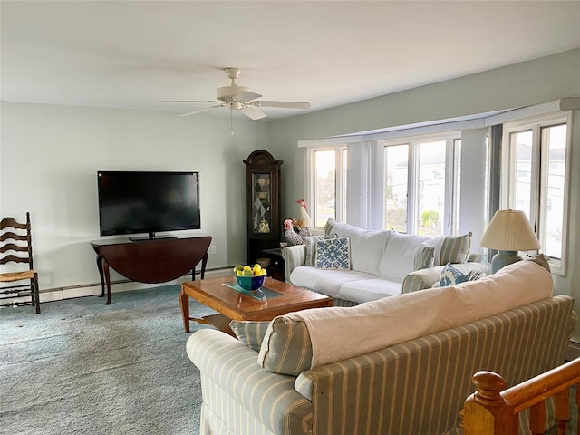 4081 Massachusetts Ave, Island Park, NY 11558 - carpeted living room featuring baseboards, ceiling fan, and baseboard heating