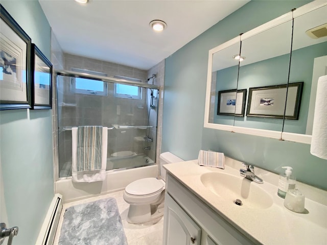 4081 Massachusetts Ave, Island Park, NY 11558 - full bath with visible vents, toilet, vanity, a baseboard heating unit, and shower / bath combination with glass door