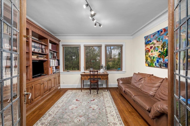 10 Byworth Rd, New Rochelle, NY 10804 - office area with wood finished floors, ornamental molding, baseboards, and french doors
