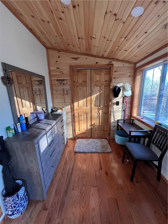 interior space with lofted ceiling, wood finished floors, and wooden ceiling