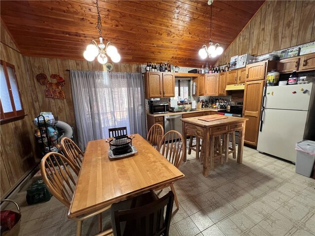 dining area featuring wood walls, an inviting chandelier, and wooden ceiling