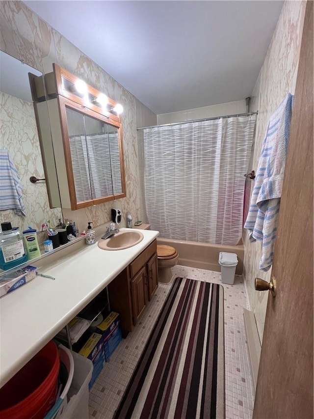 bathroom with toilet, vanity, shower / tub combo, tile patterned flooring, and wallpapered walls