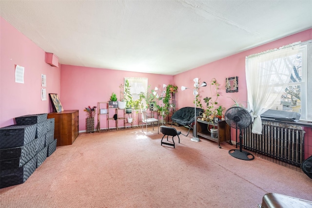 living area with carpet floors and radiator heating unit