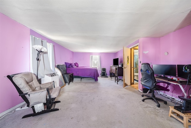 carpeted bedroom with a textured ceiling