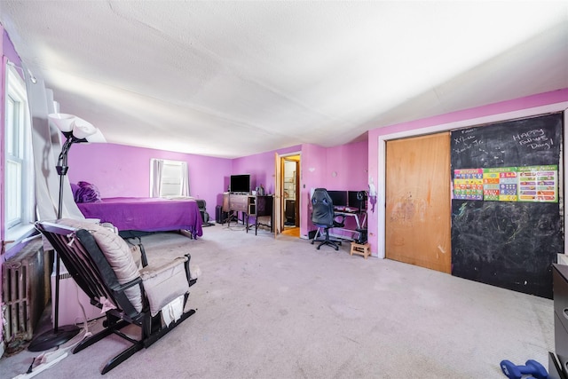 carpeted bedroom with a textured ceiling