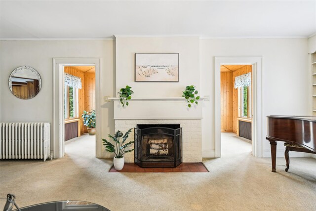 36 Seaview Ave, Northport, NY 11768 - living area with a fireplace, carpet flooring, ornamental molding, and radiator