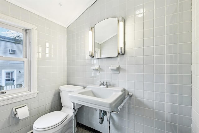 36 Seaview Ave, Northport, NY 11768 - half bath with vaulted ceiling, toilet, and tile walls