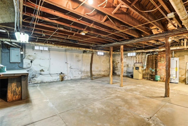 36 Seaview Ave, Northport, NY 11768 - basement with electric panel, a heating unit, and gas water heater