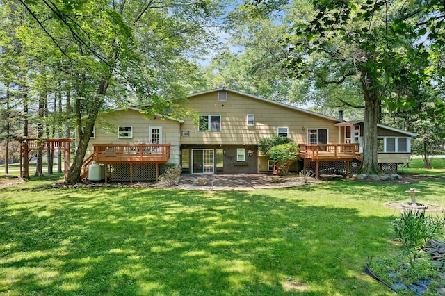21 Hillside Rd, Slate Hill, NY 10973 - rear view of house with a wooden deck, a yard, and stairs