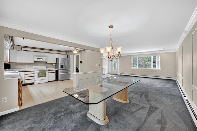 21 Hillside Rd, Slate Hill, NY 10973 - dining space with ornamental molding, carpet floors, a chandelier, a baseboard radiator, and a baseboard heating unit