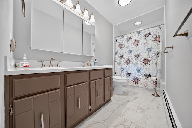 21 Hillside Rd, Slate Hill, NY 10973 - bathroom featuring a baseboard radiator, double vanity, marble look tiles, and shower / bath combination with curtain