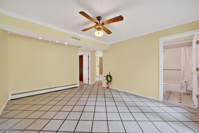 21 Hillside Rd, Slate Hill, NY 10973 - empty room featuring ceiling fan, a baseboard heating unit, crown molding, and light tile patterned floors