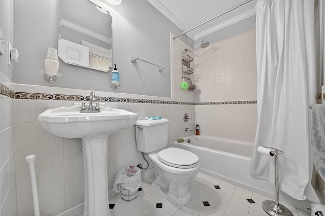 21 Hillside Rd, Slate Hill, NY 10973 - bathroom with crown molding, shower / tub combo with curtain, tile patterned flooring, tile walls, and wainscoting
