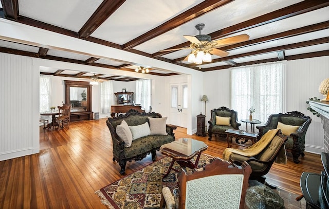 430 Montauk Hwy, East Moriches, NY 11940 - living area with baseboards, hardwood / wood-style flooring, beamed ceiling, and ceiling fan