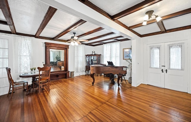 430 Montauk Hwy, East Moriches, NY 11940 - foyer with french doors, wood-type flooring, a ceiling fan, and beam ceiling