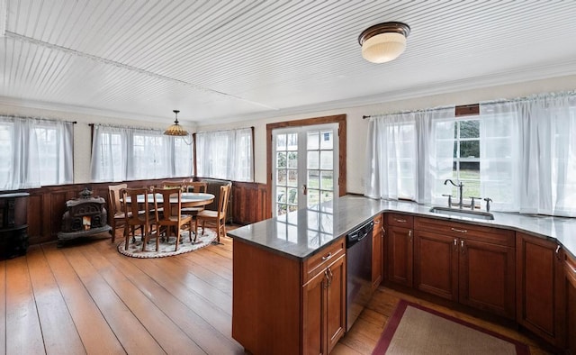 430 Montauk Hwy, East Moriches, NY 11940 - kitchen featuring a peninsula, brown cabinets, stainless steel dishwasher, light wood finished floors, and a sink