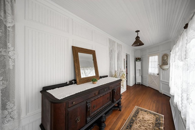 430 Montauk Hwy, East Moriches, NY 11940 - hallway featuring dark wood-style floors and ornamental molding