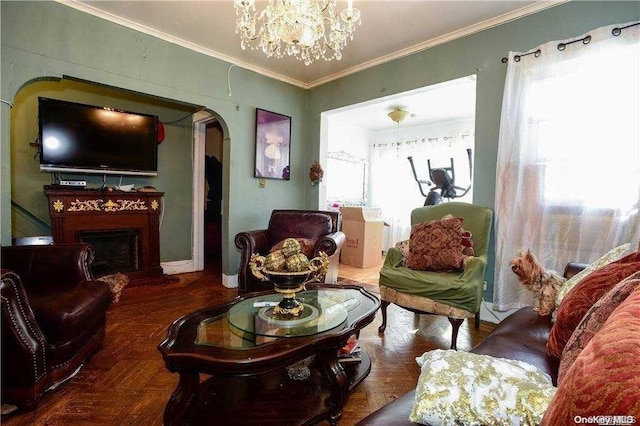 78-17 95th Ave, Ozone Park, NY 11416 - living room with crown molding, a fireplace, baseboards, and arched walkways