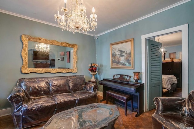 78-17 95th Ave, Ozone Park, NY 11416 - sitting room featuring baseboards, a notable chandelier, crown molding, and wood finished floors