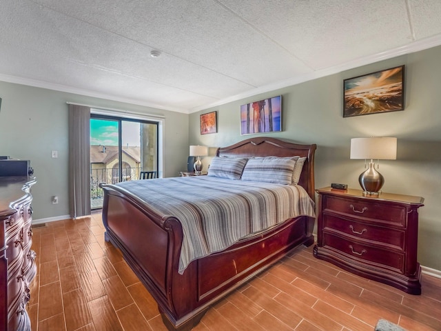 bedroom with ornamental molding, baseboards, access to outside, and wood tiled floor
