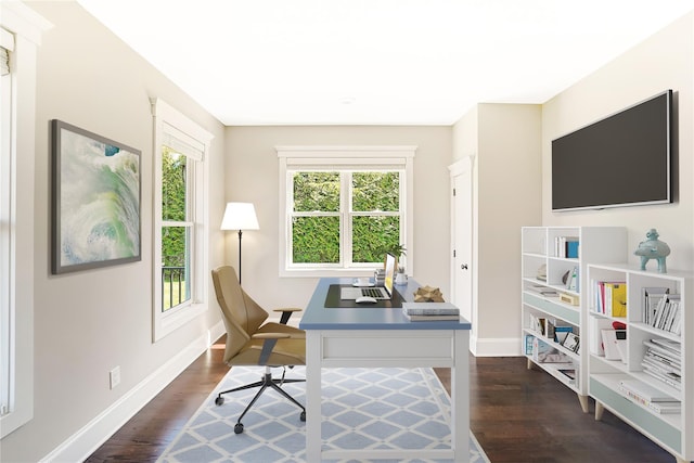 home office featuring dark wood-type flooring and baseboards