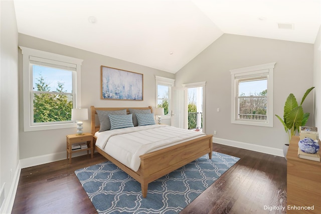 bedroom featuring visible vents, baseboards, lofted ceiling, access to exterior, and dark wood-style floors
