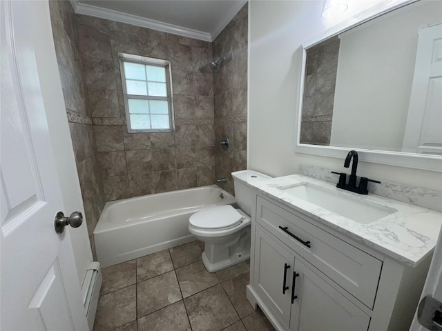 bathroom with vanity, toilet, shower / washtub combination, a baseboard radiator, and ornamental molding