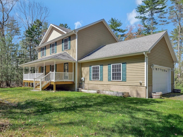 25 Devlin Rd, Eldred, NY 12743 - view of front facade with covered porch, roof with shingles, a front yard, and a garage