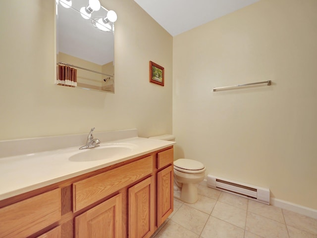 25 Devlin Rd, Eldred, NY 12743 - bathroom featuring a shower with curtain, vanity, tile patterned floors, a baseboard radiator, and toilet