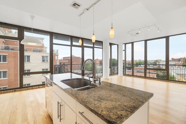 412 Kings Hwy Unit 6C, Brooklyn, NY 11223 - kitchen with a sink, rail lighting, light wood-style floors, and decorative light fixtures