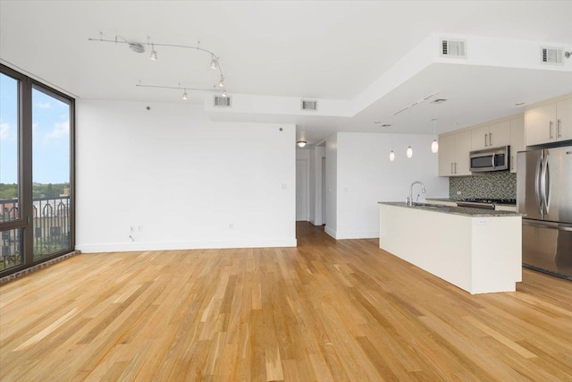 412 Kings Hwy Unit 6C, Brooklyn, NY 11223 - kitchen featuring stainless steel appliances, tasteful backsplash, a wall of windows, light wood finished floors, and open floor plan