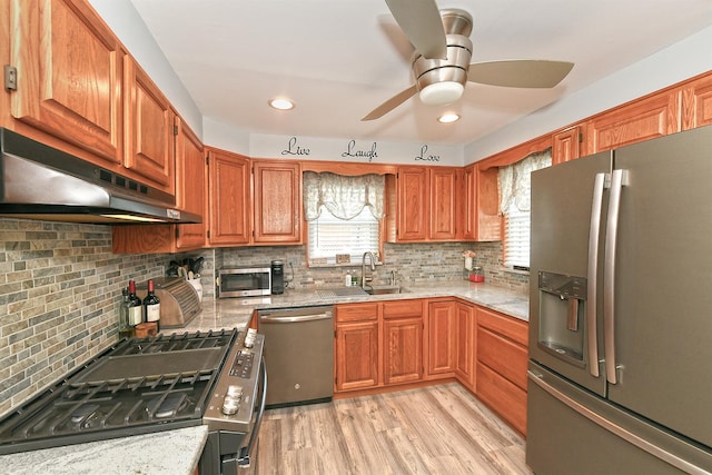 kitchen featuring light wood-type flooring, appliances with stainless steel finishes, under cabinet range hood, a sink, and backsplash