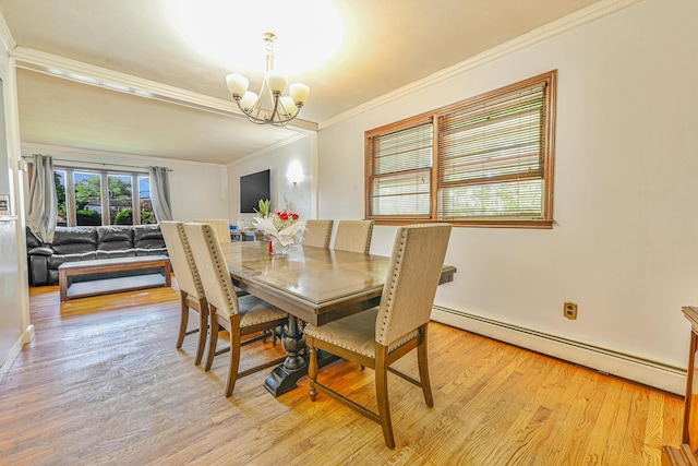 82 Coventry Gdns, Lynbrook, NY 11563 - dining space featuring a chandelier, ornamental molding, baseboard heating, and light wood-style floors