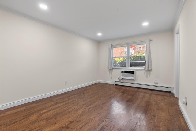 129 Parkside Dr, Suffern, NY 10901 - spare room featuring a baseboard radiator, dark wood-style floors, crown molding, a wall mounted AC, and baseboards