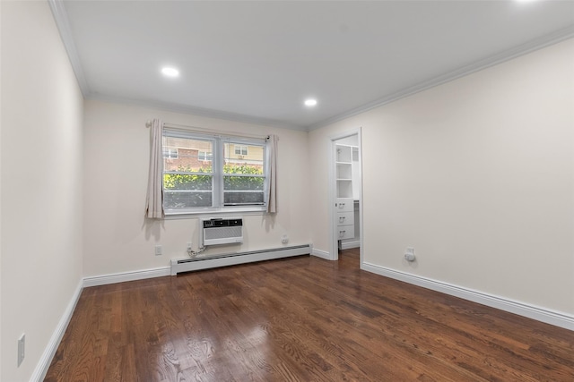 129 Parkside Dr, Suffern, NY 10901 - spare room with ornamental molding, dark wood finished floors, a baseboard heating unit, baseboards, and a wall unit AC