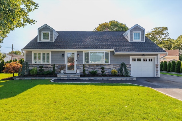 645 Hawkins Blvd, Copiague, NY 11726 - view of front of property featuring driveway, stone siding, an attached garage, a front lawn, and a shingled roof