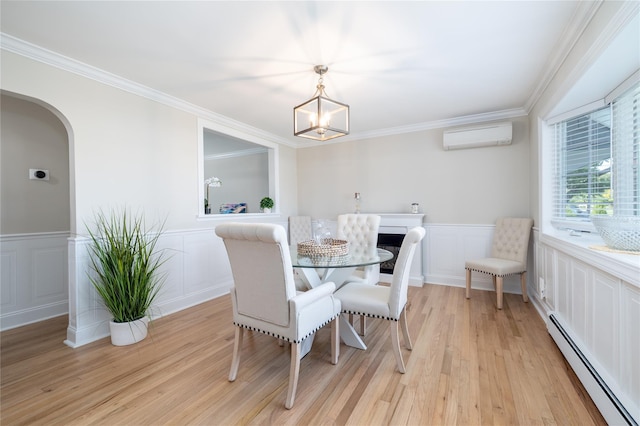 645 Hawkins Blvd, Copiague, NY 11726 - dining area with crown molding, an AC wall unit, arched walkways, light wood-style floors, and a baseboard radiator
