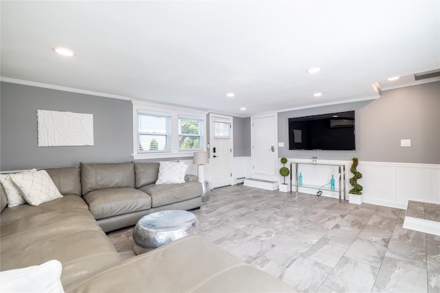 645 Hawkins Blvd, Copiague, NY 11726 - living room with a decorative wall, marble finish floor, ornamental molding, recessed lighting, and wainscoting