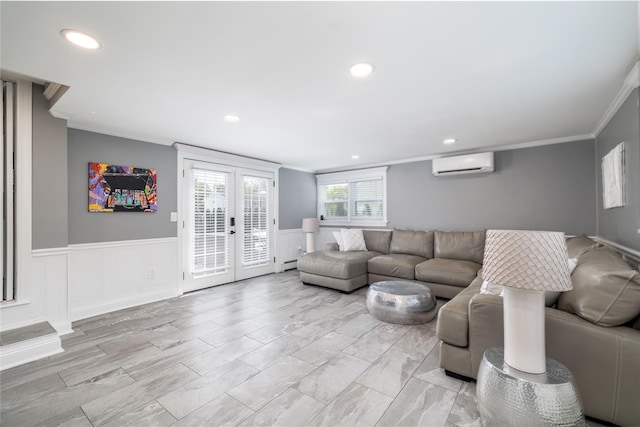 645 Hawkins Blvd, Copiague, NY 11726 - living area featuring a wainscoted wall, ornamental molding, recessed lighting, a wall unit AC, and french doors