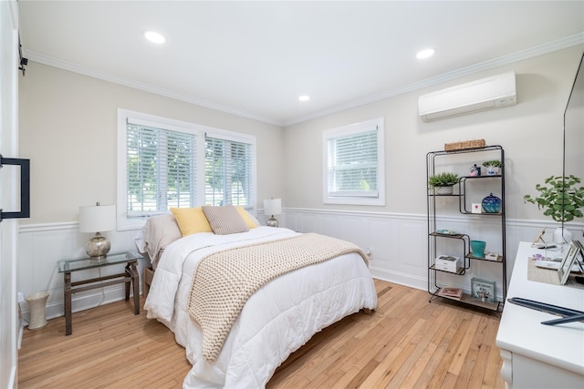 645 Hawkins Blvd, Copiague, NY 11726 - bedroom featuring crown molding, light wood-type flooring, a wall mounted AC, and wainscoting
