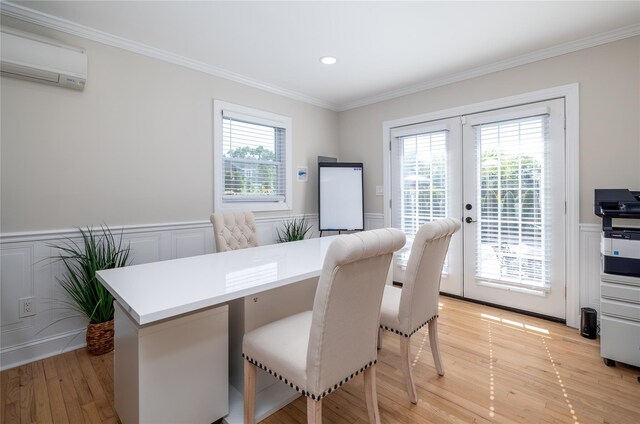 645 Hawkins Blvd, Copiague, NY 11726 - interior space featuring a wall mounted air conditioner, a wainscoted wall, french doors, and crown molding