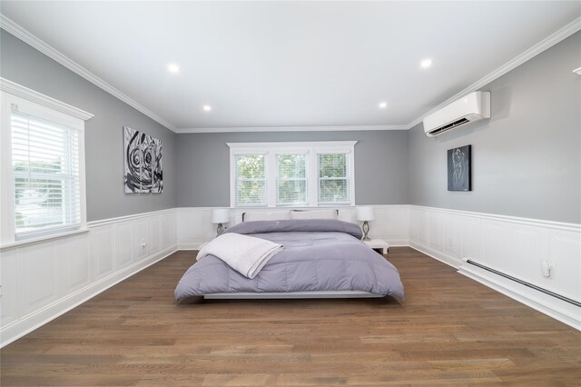645 Hawkins Blvd, Copiague, NY 11726 - bedroom with a wall mounted AC, wood finished floors, multiple windows, and a wainscoted wall