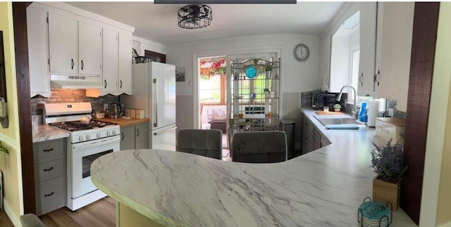 12 Bluebird Dr, Lake Luzerne, NY 12846 - kitchen with white appliances, under cabinet range hood, decorative backsplash, white cabinets, and wood finished floors