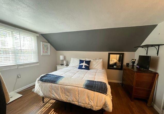 12 Bluebird Dr, Lake Luzerne, NY 12846 - bedroom with lofted ceiling, wood finished floors, and a textured ceiling