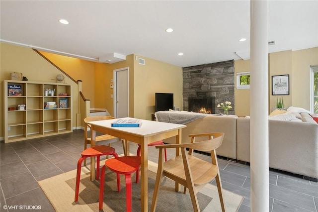 30 Appleton Pl, Dobbs Ferry, NY 10522 - tiled dining room with a fireplace, recessed lighting, and ornate columns